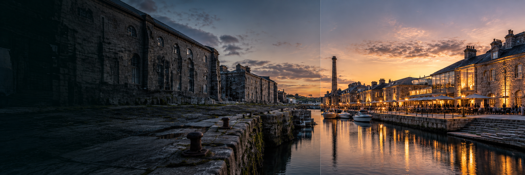 The restored waterfront in the supplied regeneration concept, with illuminated stone buildings, marina boats and waterside activity.