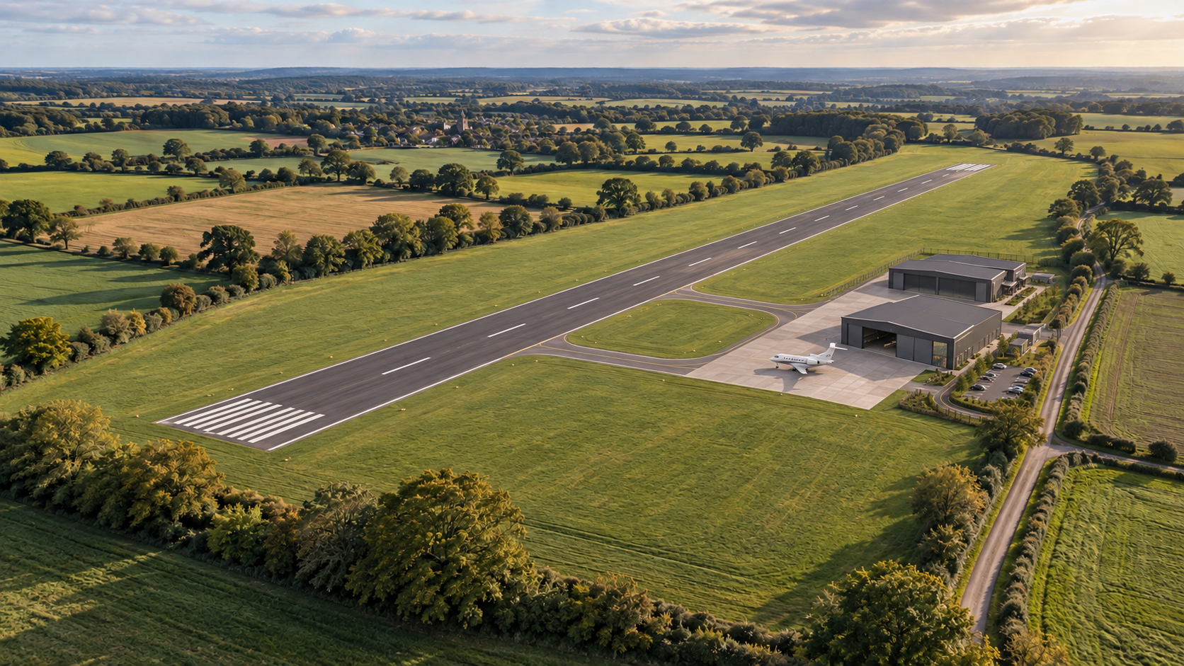 The same illustrative aerial viewpoint showing an airfield concept with a runway, connected taxiways, two modern aircraft hangars, apron, landside parking and landscape buffers.