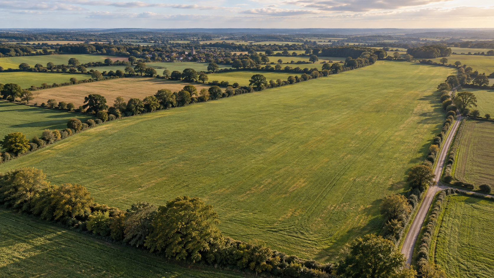 Illustrative oblique aerial view of an undeveloped agricultural field in British countryside, with hedgerows, an existing country lane and a distant village; no airfield or hangars.