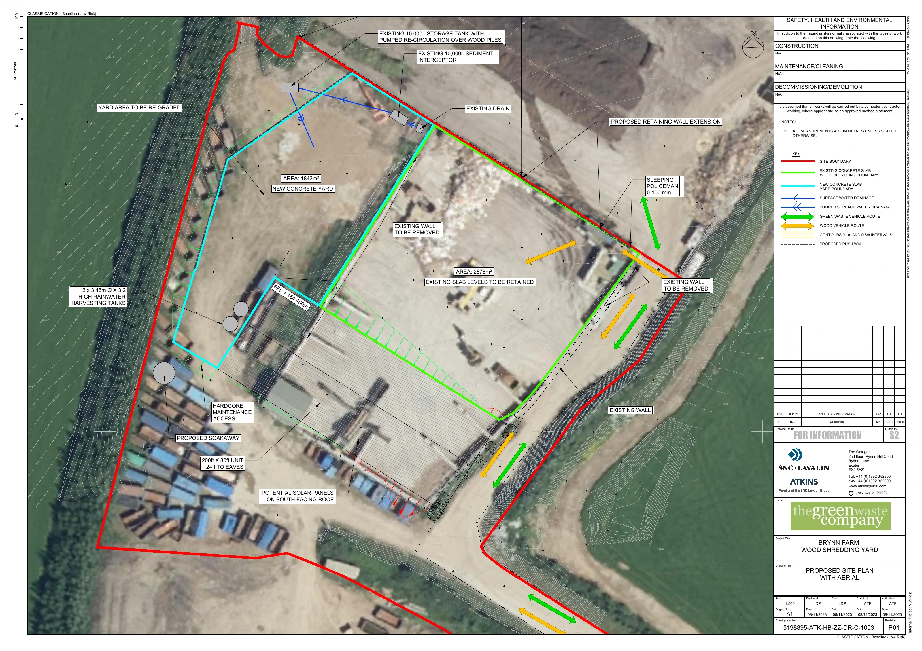 Atkins proposed site plan over an aerial photograph of Higher Brynn, showing the wood processing building, replacement yard, vehicle routes, drainage and rainwater storage.