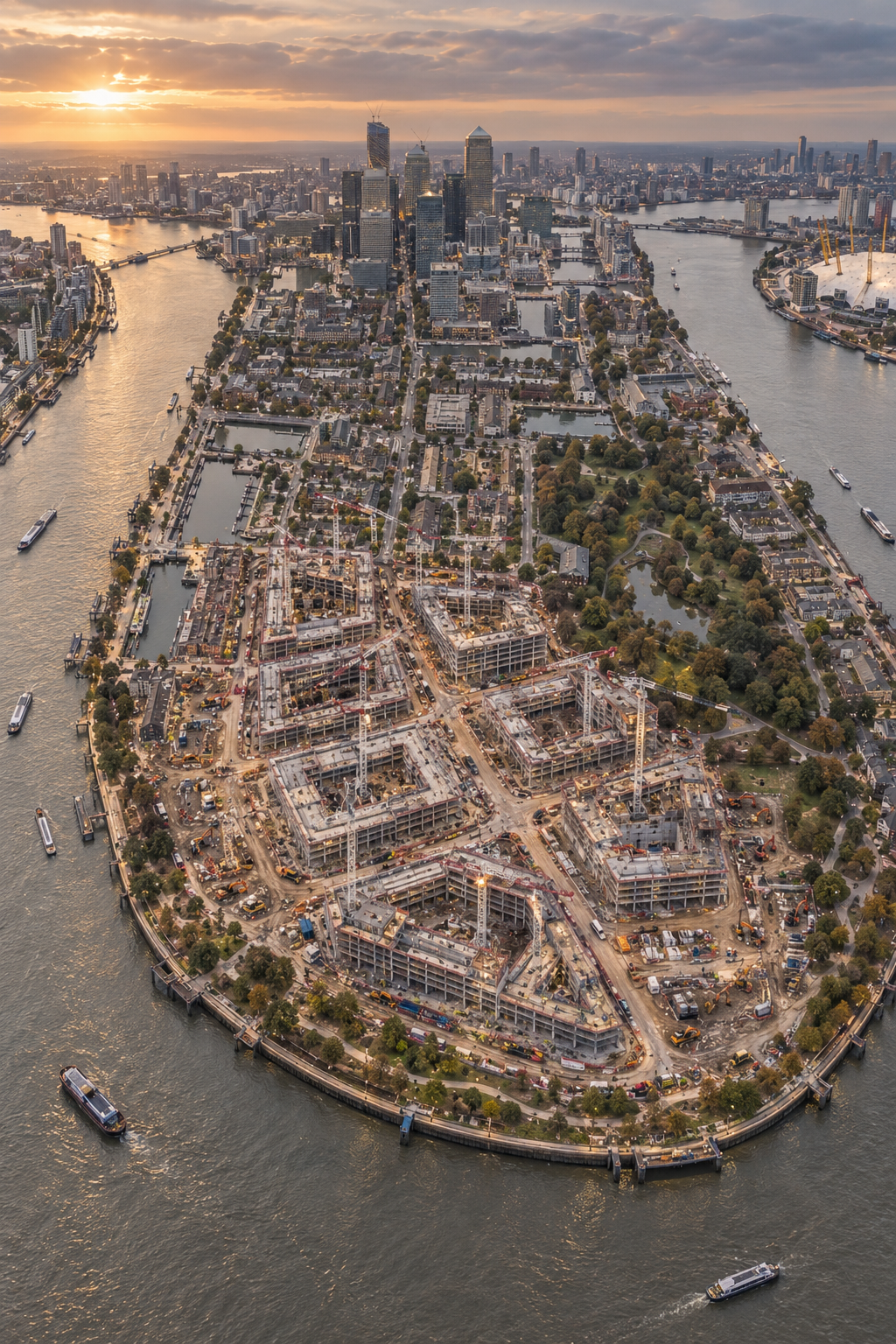 Illustrative construction phase of the Isle of Dogs masterplan, with matching courtyard block footprints, access street, retained park and Thames waterfront.