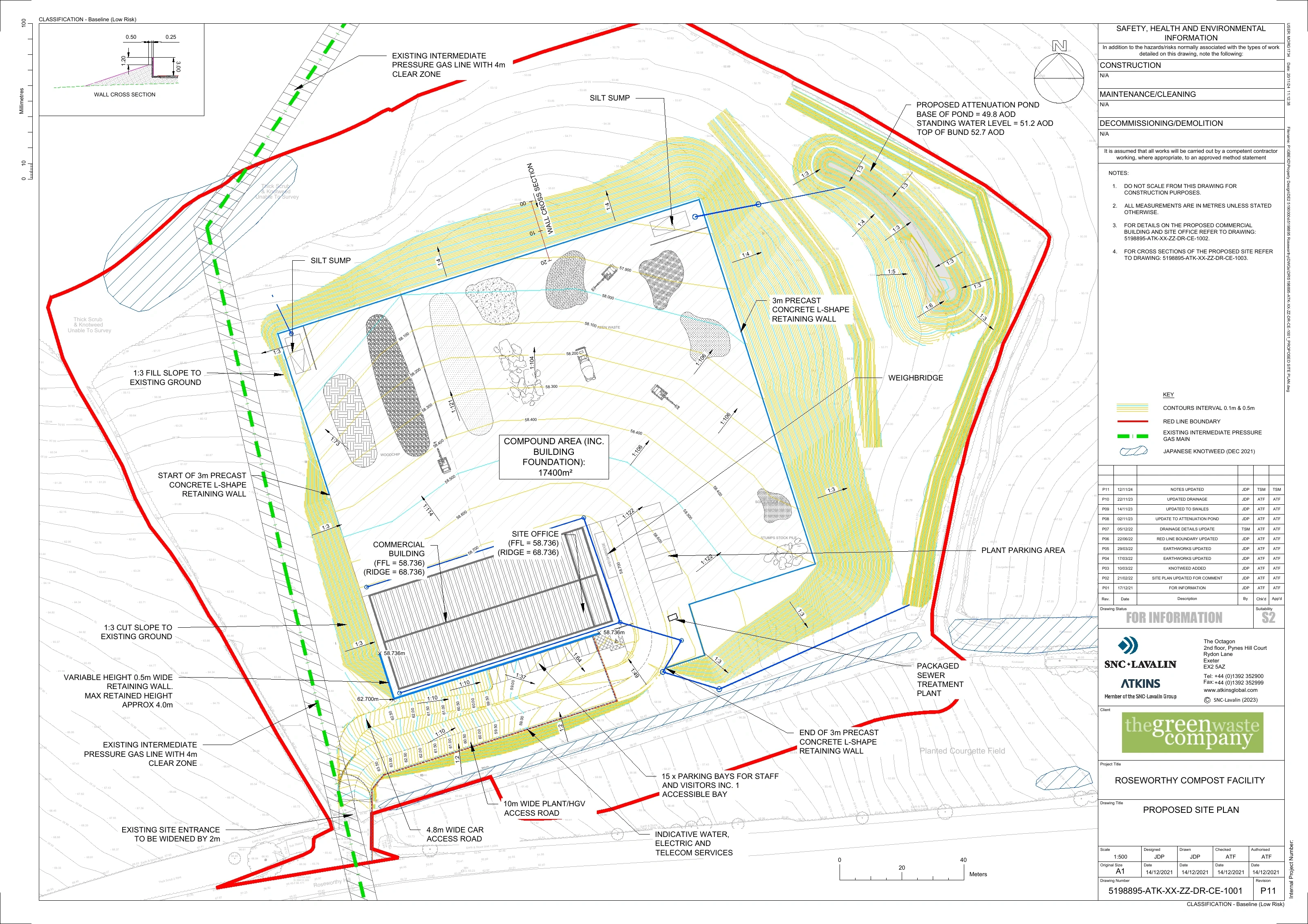 Atkins proposed site plan for the Roseworthy Compost Facility, showing the processing yard, building, attenuation pond, access and landscape earthworks.