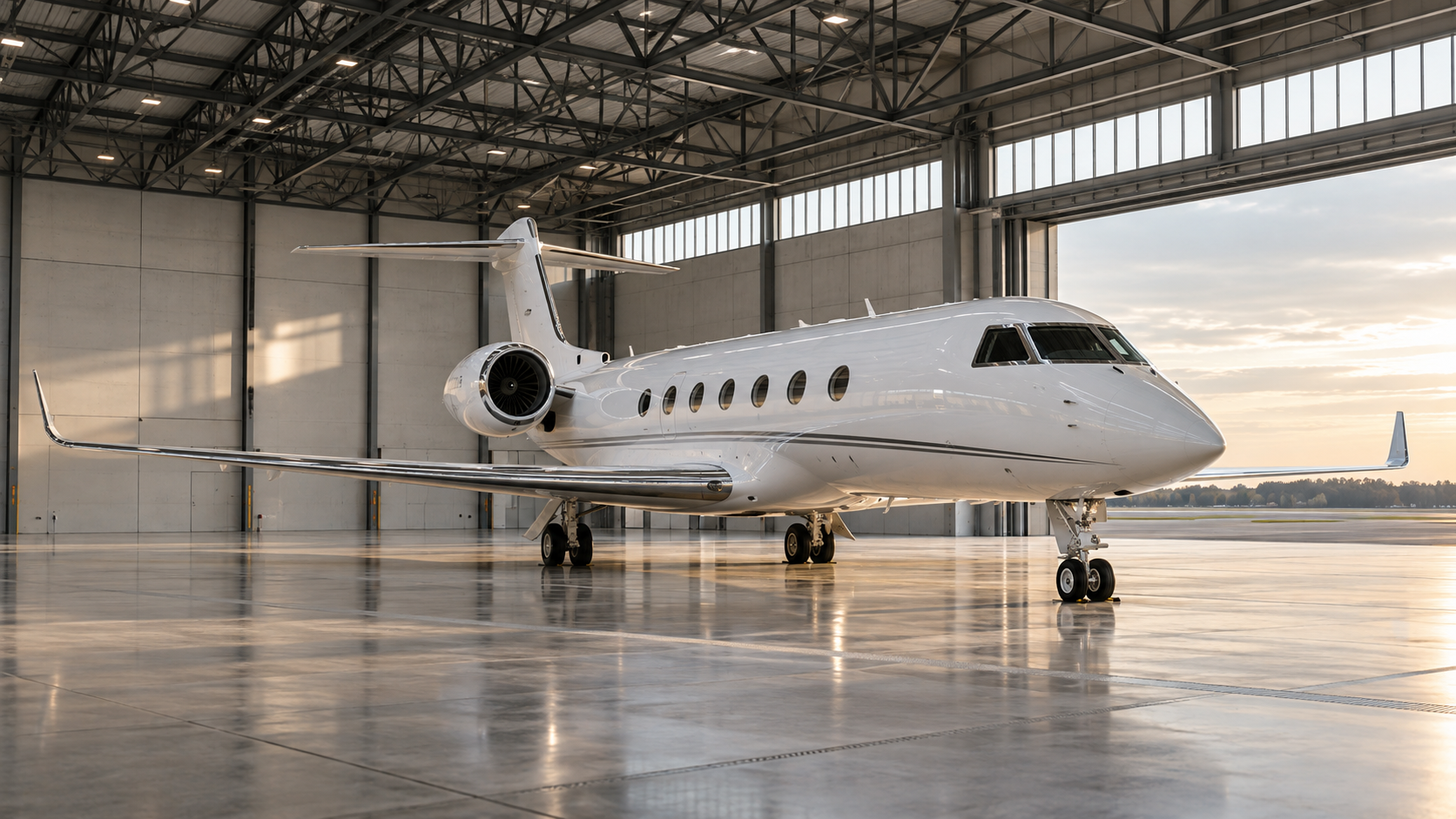 Illustrative white private business jet parked inside a spacious modern aircraft hangar with charcoal steel roof trusses, high glazing and a light concrete floor.