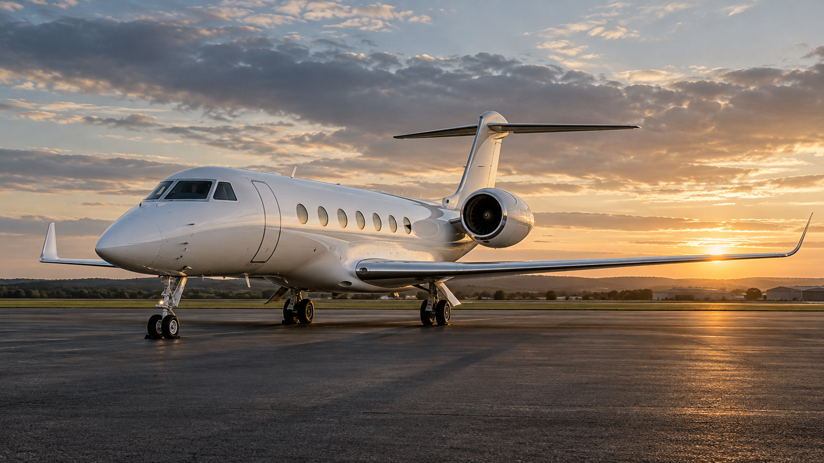 Illustrative white private business jet with swept wings and rear-mounted engines standing on an airfield runway beneath a pale gold sunset.