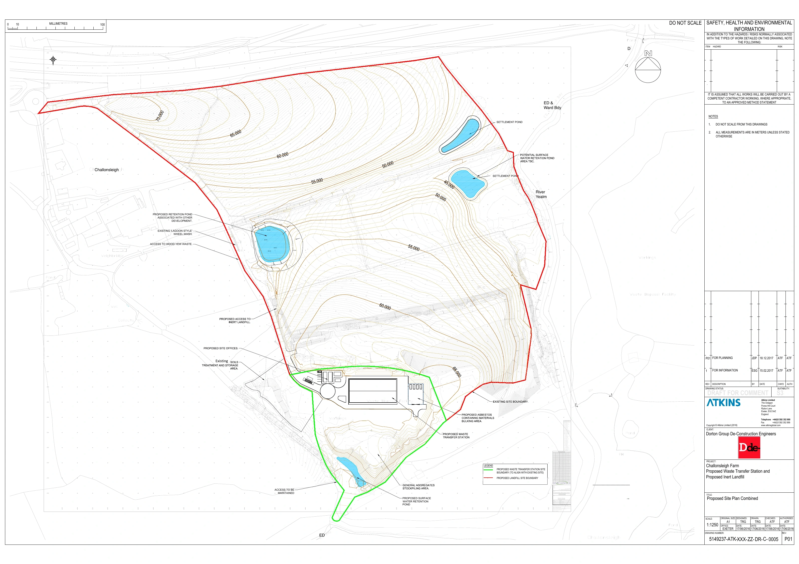 Detail of Atkins combined proposal plan for Challonsleigh showing the waste-transfer station, inert-landfill boundary, drainage ponds, access and River Yealm corridor.
