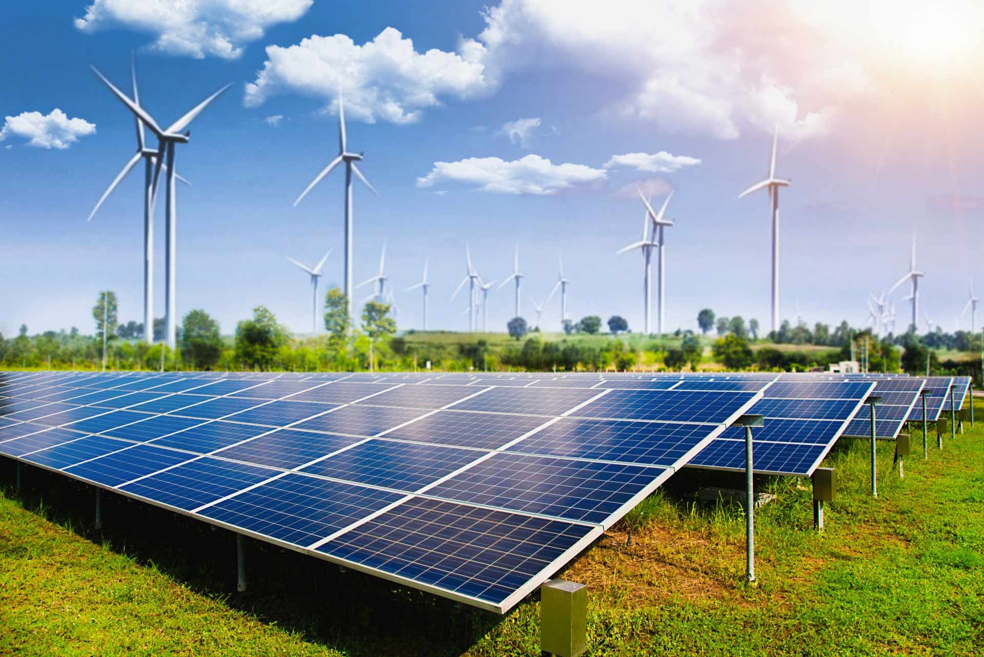 Wind turbines and solar infrastructure.