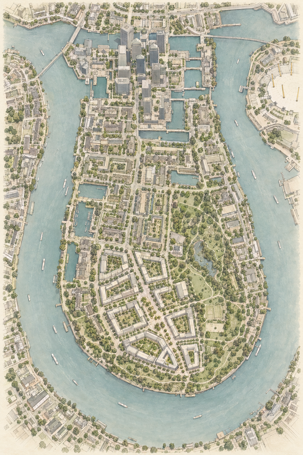 Architectural concept masterplan of the Isle of Dogs study, retaining the Thames loop, Canary Wharf, docks and park around proposed urban blocks.