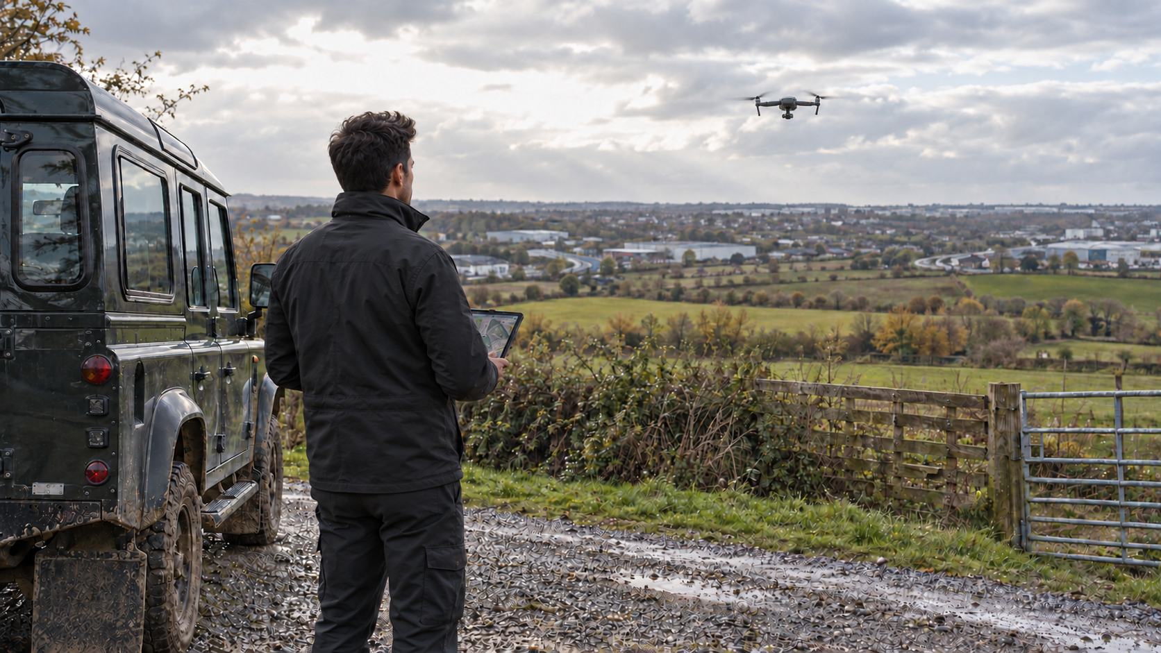 Illustrative field scene with a consultant seen from behind in a STAGE jacket beside a Defender, holding a tablet with aerial mapping while a drone flies above settlement-edge land.