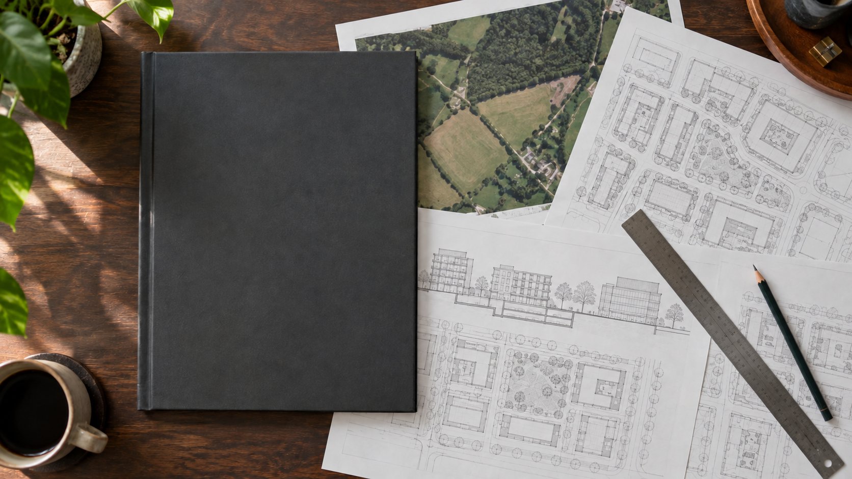 Illustrative overhead view of a STAGE-branded charcoal portfolio with aerial site imagery, planning drawings, a ruler and pencil on a dark timber desk.