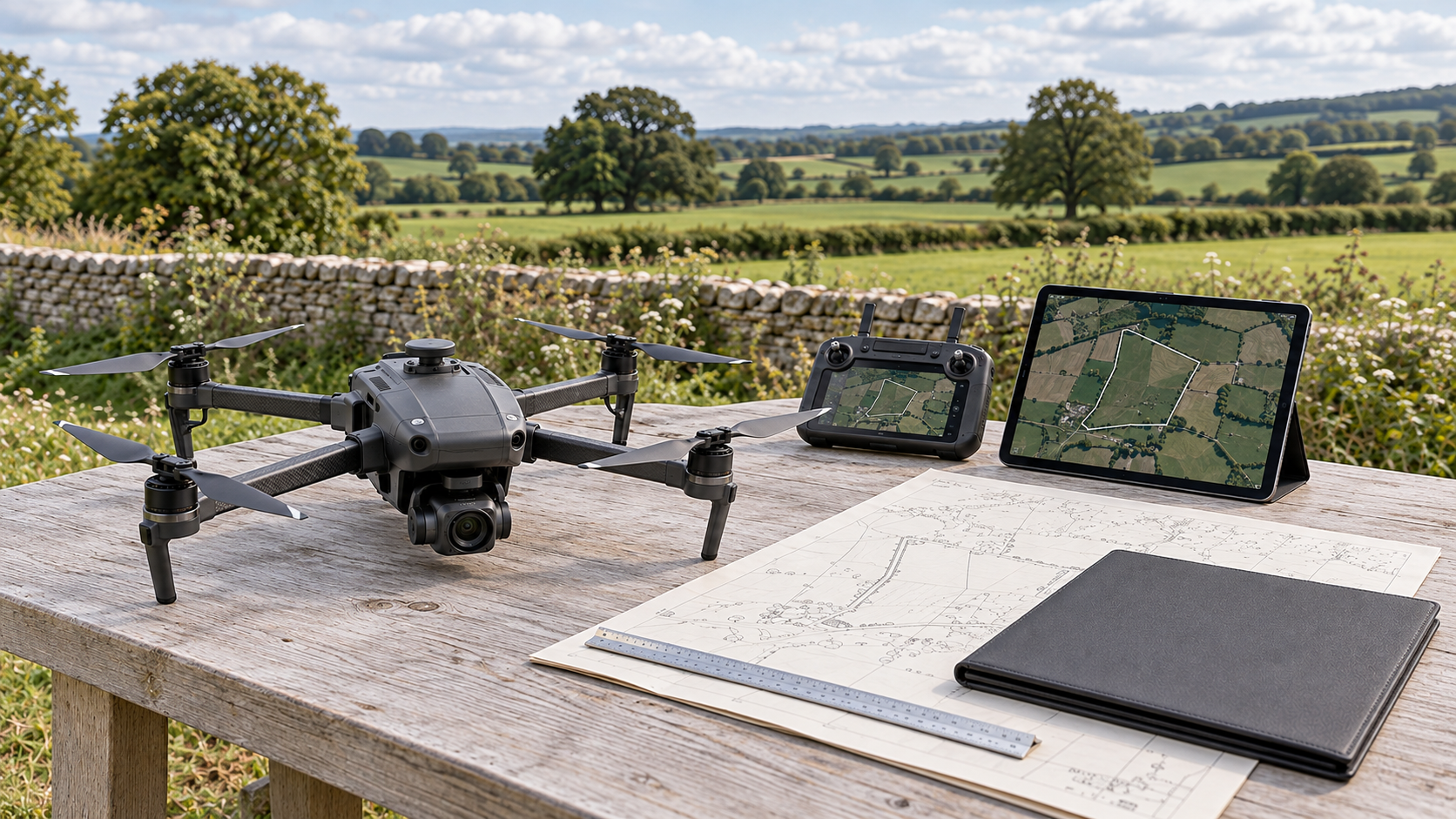 Illustrative professional drone capture equipment: a stationary mapping quadcopter, field controller, aerial mapping tablet, printed site plan and STAGE portfolio on an ivory appraisal table overlooking a British estate.